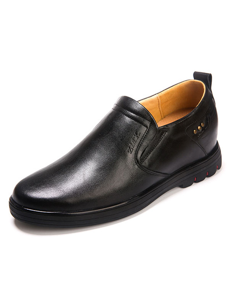 

Black Elevator Shoes Men Casual Shoes Cowhide Round Toe Slip On Shoes
