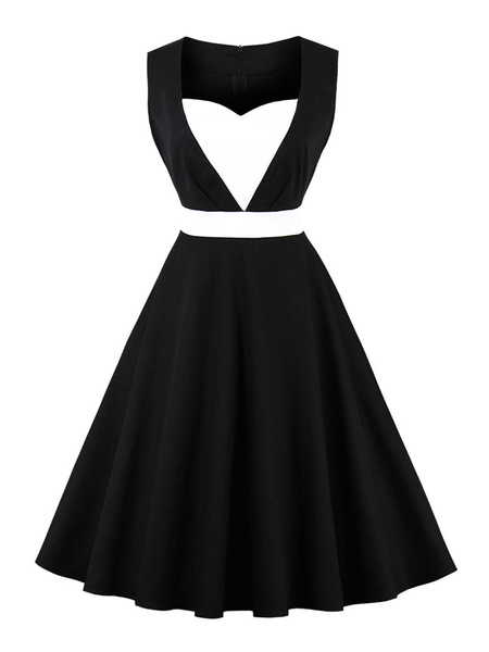 Image of Black Vintage Dress Women Sweetheart Neck Sleeveless A Line Little Black Dresses