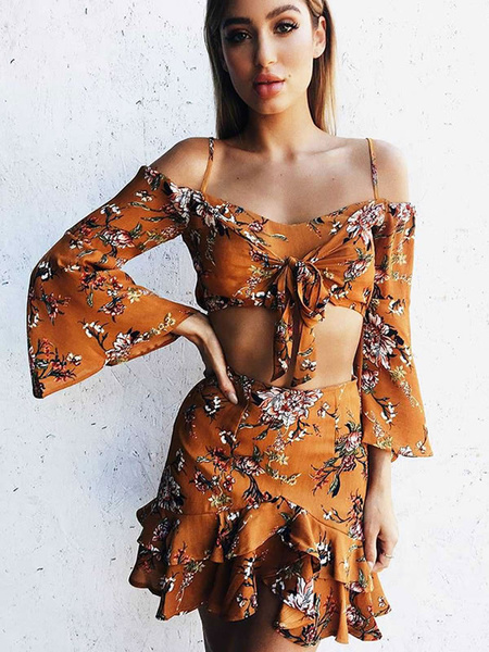 

Boho Skirt Set Women Cold Shoulder Floral Print Strappy Knotted Cropped Top With Layered Ruffle Mini
