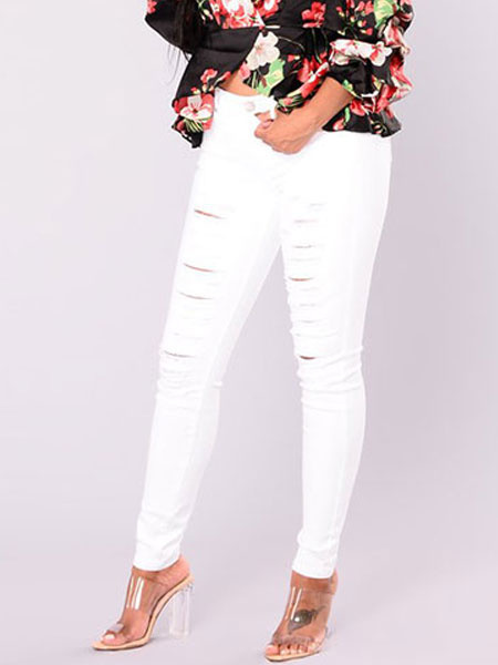 Image of White Skinny Jeans Women Cut Out Button Ripped Denim Jeans