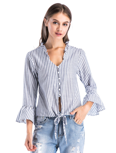 

Women Spring Top Stripes Bell Sleeve V Neck Knotted Cotton Blouse