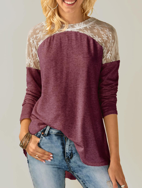 

Women Spring Top Lace Patch Long Sleeve Two Tone Blouse