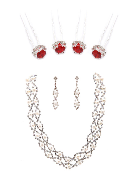 Milanoo Wedding Jewelry Set Ruby Hairpin With Rhinestone Pearl Choker Necklace And Dangle Earring