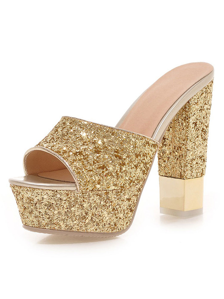 

Milanoo High Heel Slippers Women Shoes Glitter Platform Open Toe Backless Sandal Slippers, White;black;blond;silver