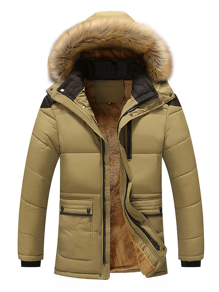Image of Overcoat Men Casual Furry Hooded Parka Overcoat Cotton Fill Plush Lining Winter Down Coat