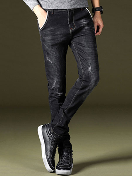 

Ripped Jeans Black Distressed Men Straight Leg Denim Pant