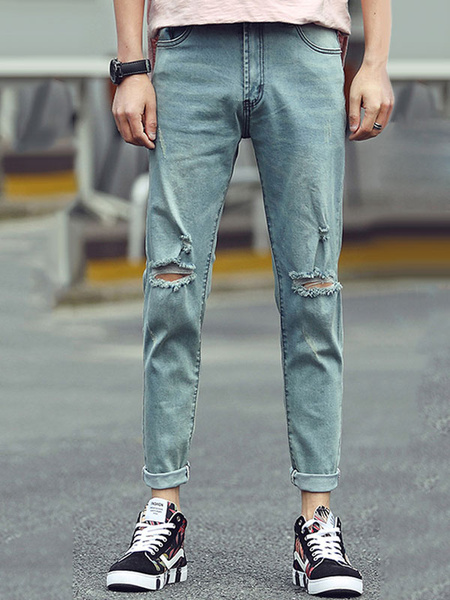 

Blue Denim Jeans Straight Leg Ripped Jeans For Men