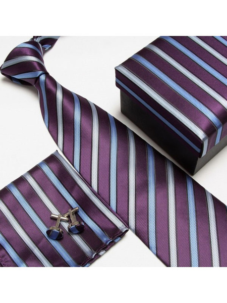 Image of Dress Tie Set Stripe Men Neck Tie With Cufflinks And Cravat