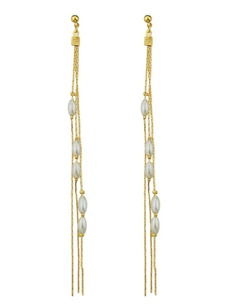 Image of Gold Linear Earrings Pearls Women Strand Earrings