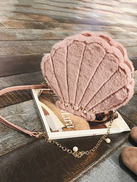 Milanoo Sweet Lolita Bag Seashell Faux Fur Pearl Chain Pink Lolita Shoulder Bag