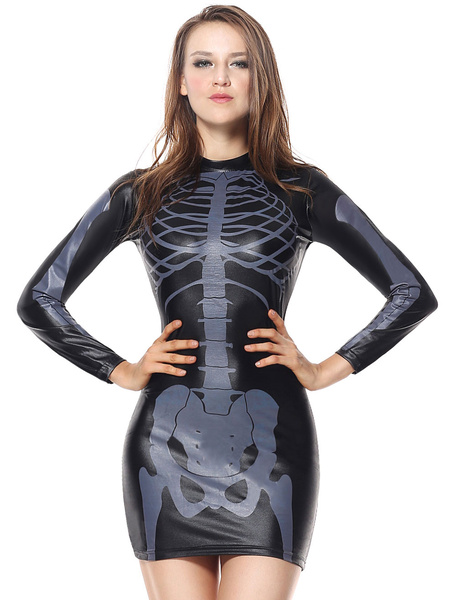 Image of Skeleton Costume Halloween Black Women Printed Tight Long Sleeve Short Dress Scary Costume