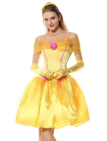 Image of Princess Costume Halloween Sexy Women Yellow Satin Short Dresses Costume Outfit