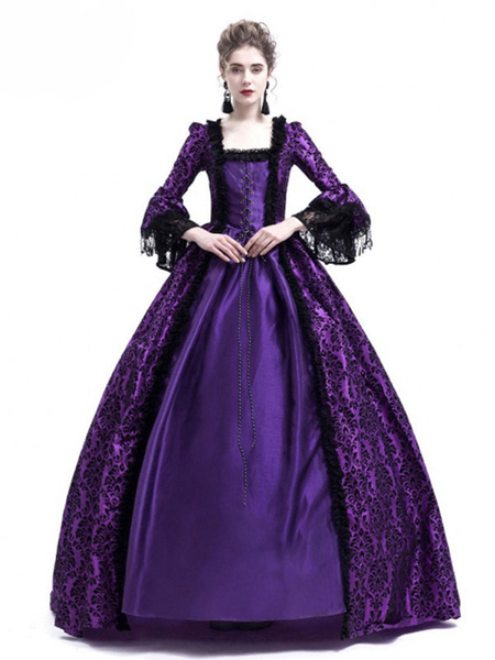 Milanoo Victorian Dress Costume Women's Long Gothic Trumpet Long sleeves Purple Ball Gown Square nec
