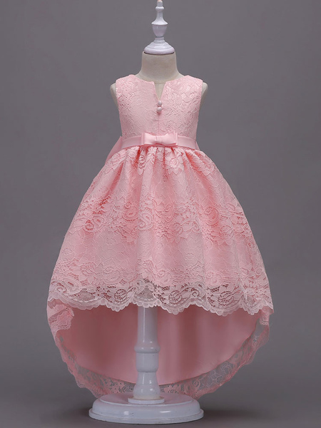 Milanoo Lace Flower Girl Dresses Pink High Low Ball Gowns Sleeveless Bow Sash Princess Party Dresses