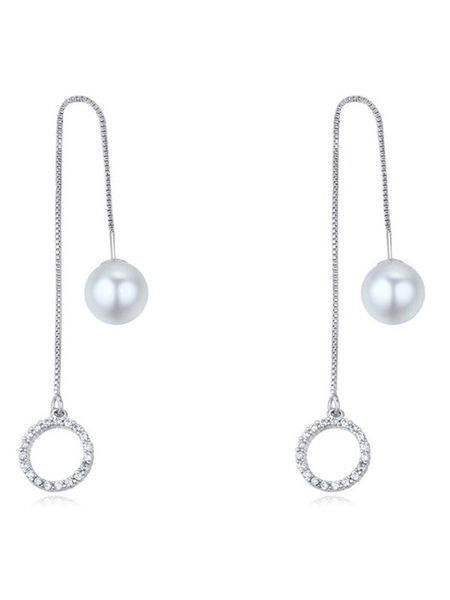 Image of Pearl Wedding Earrings White Drop Earrings Cubic Zirconia Linear Bridal Jewelry