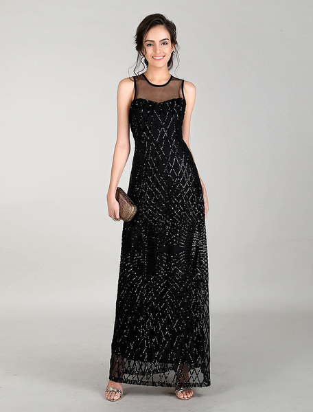 Image of Black Evening Dresses Maxi Sequin Prom Dress Illusion Neck Semi Formal Dress
