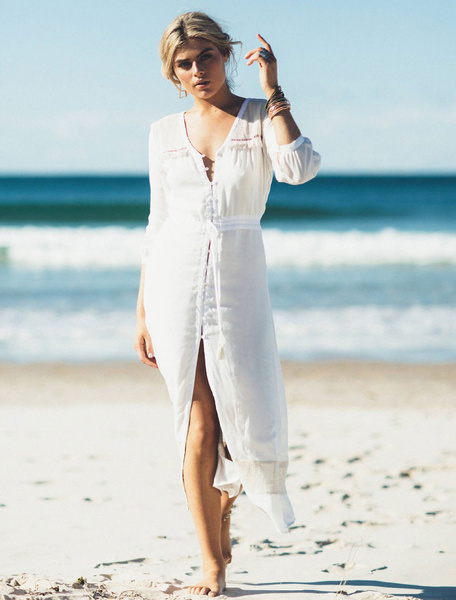 Image of White Long Dress V Neck Cut Out Three Quarter Sleeve Maxi Beach Dress