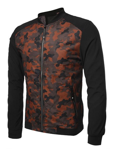 Image of Men Bomber Jacket Camo Print Spring Jacket Stand Collar Zipper Casual Outwear