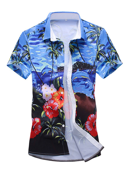 Image of Short Sleeve Shirt Blue Hawaii Shirt Floral Print Men Casual Shirt