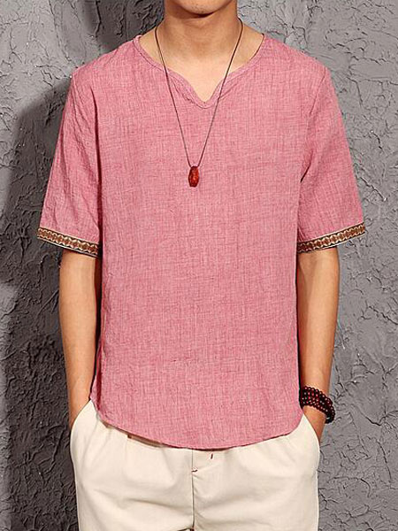 Image of Men Casual T Shirt Plus Size Cotton Linen Top V Neck Short Sleeve T Shirt