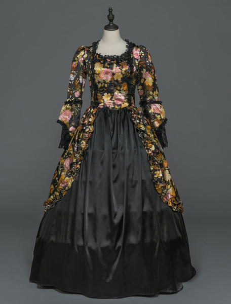 Image of Retro Costume Halloween Nero Rococò Abiti vittoriani Floral Print Vintage Women maniche lunghe Ball Gowns