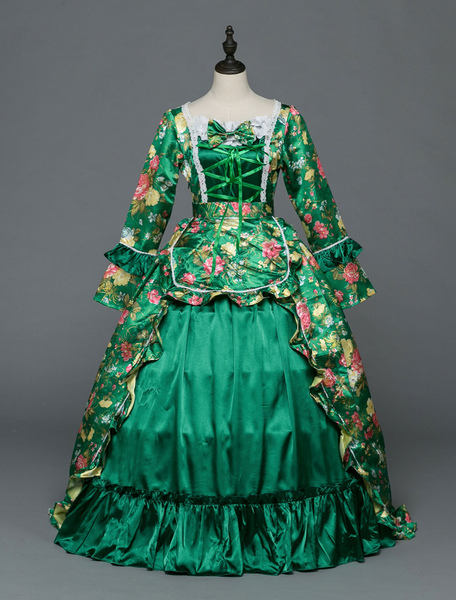 Image of Costume da donna retrò Abito rococò Victoria Ball Gowns Royal maniche lunghe verde Vintage Halloween Costume Abiti