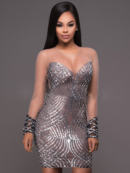 Image of Sexy Club Dress Long Sleeve Sequins Tulle Quilted Semi Sheer Bodycon Dress