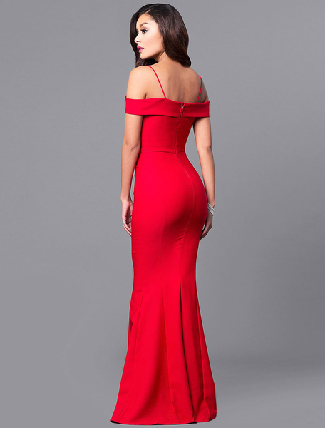 Red Maxi Dress Straps Short Sleeve Cold Shoulder Mermaid Evening Dress