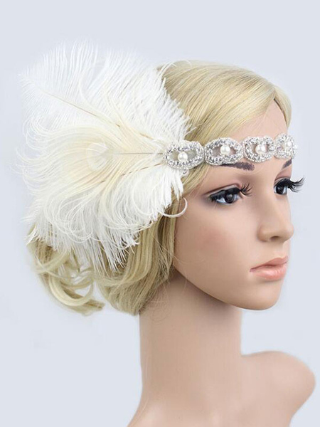 Milanoo White Flapper Headband 1920s Fashion The Great Gatsby Costume Headpieces Feather Women Vinta