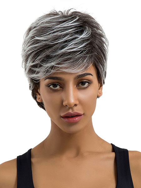 Image of Short Hair Wigs Women Light Grey Layered Straight Synthetic Wigs With Side Bangs