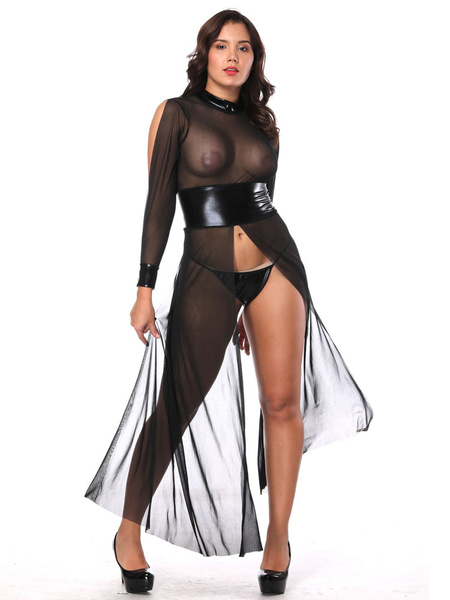 Image of Sexy Black Club Dress Tulle Long Sleeve Cut Out Sheer Two Piece Clubwear