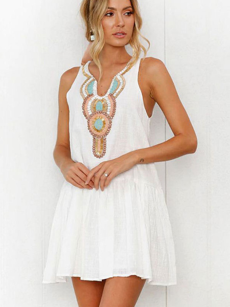 Milanoo White Summer Dresses Boho Dress V Neck Buttons Printed Strapes Mini Skater Dress