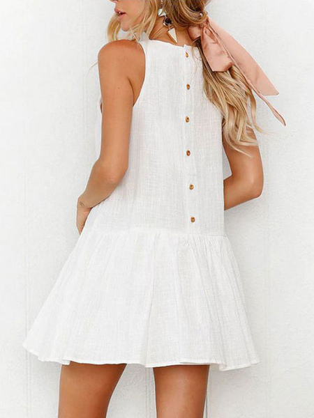 White Summer Dresses Boho Dress V Neck Buttons Printed Straps Mini Skater Dress