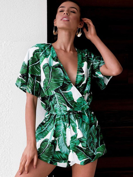 Image of Women Green Romper Tropical Print V Neck Short Sleeve Summer Playsuit