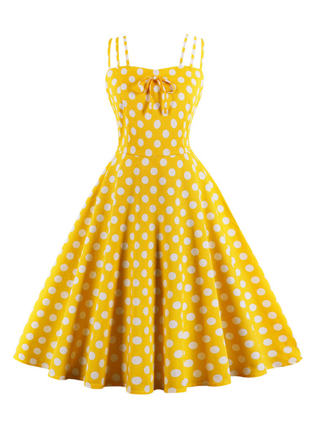 Milanoo Yellow Vintage Dress Straps Polka Dot Cotton Retro Summer Dress