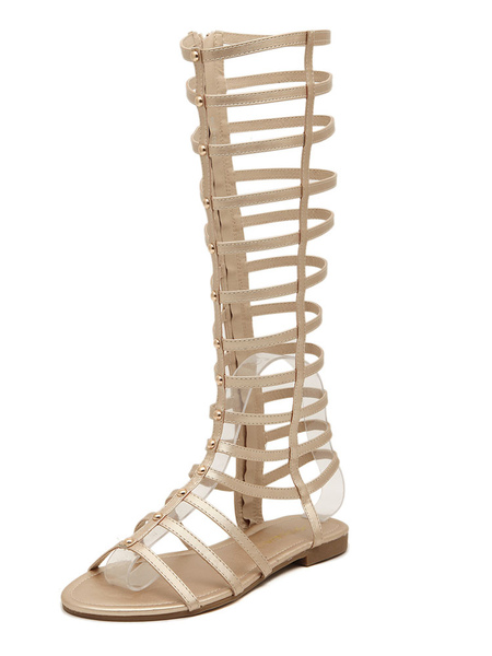 Milanoo Women Gold Flat Knee High Gladiator Sandals
