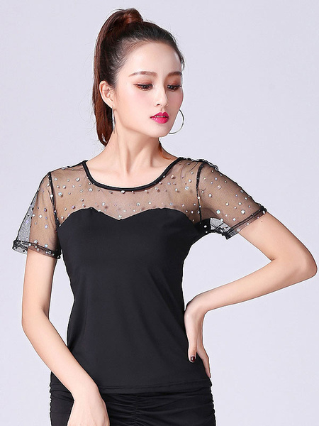 Image of Ballroom Dance Costume Top Black Short Sleeve Illusion Beaded Training T Shirt Dancing Clothes