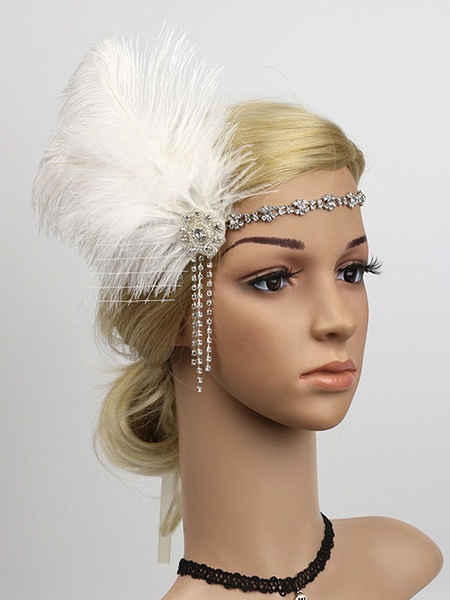 Milanoo 1920s Fashion Great Gatsby Feather Headpieces Flapper Headband White Women Vintage Costume A