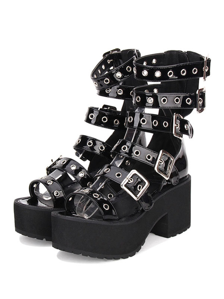 Image of Gothic Lolita Sandalo Grommet Buckle Platform Chunky Heel nero Lolita Shoes