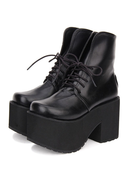 Milanoo Gothic Lolita Boots Lace Up Platform Black Lolita Mid Calf Boots