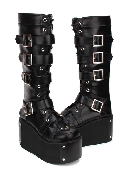 Image of Gothic Lolita Boots Buckle Rivet Platform Nero Lolita Calzature