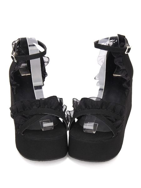Image of Gothic Lolita Sandals Ruffle Ankle Platform Zeppa Heel Black Lolita Shoes