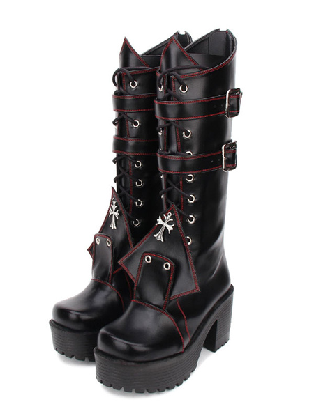 Image of Gothic Lolita Boots Grommet Cross Lace Up Buckle Platform Chunky tacco alto nero scarpe Lolita