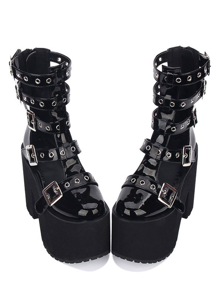 Image of Gothic Lolita Sandal Grommet Buckle Platform Lustrato nero PU scarpe