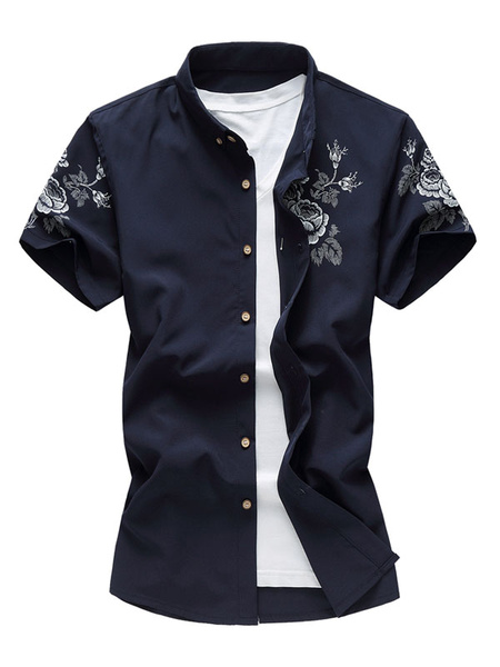 Image of Men Floral Shirt Plus Size Embroidered Short Sleeve Shirt Casual
