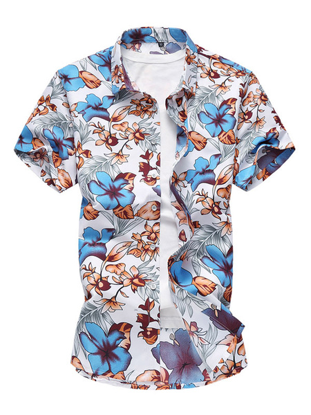 Image of Men Beach Shirt Floral Print Plus Size Summer Top Short Sleeve Shirt Cotton