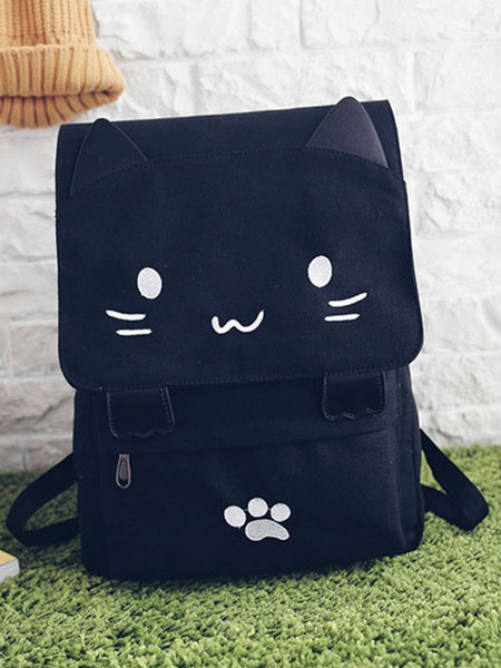 Image of Casual Lolita Backpack Cute Cat Black Canvas Bag
