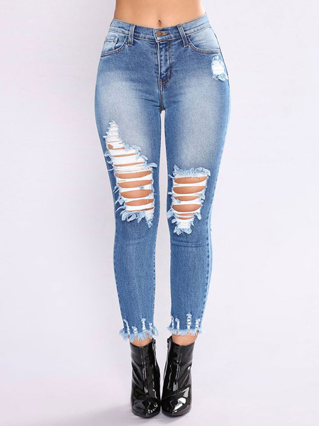 Image of Women Ripped Jeans Cut Out Skinny Blue Denim Jeans
