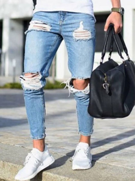 Image of Men Ripped Jeans Plus Size Distressed Light Blue Tapered Fit Jean