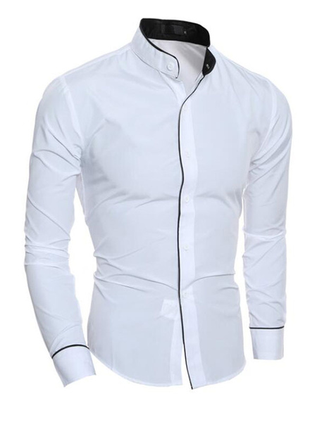 Image of Men Casual Shirt Cotton Stand Collar Piping Long Sleeve Shirt Grey